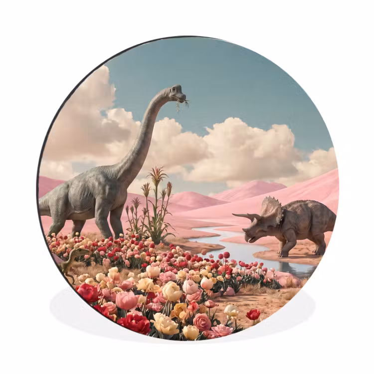 Alu-Dibond-Bild Rund - Dinosaurier – Rosa – Landschaft - Dinosaurus - Roze - Landschap Wandcirkel aluminium klein