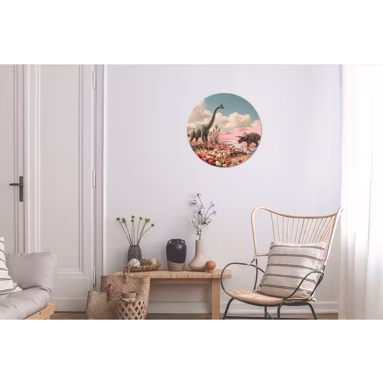 Alu-Dibond-Bild Rund - Dinosaurier – Rosa – Landschaft - Dinosaurus - Roze - Landschap Wandcirkel aluminium klein