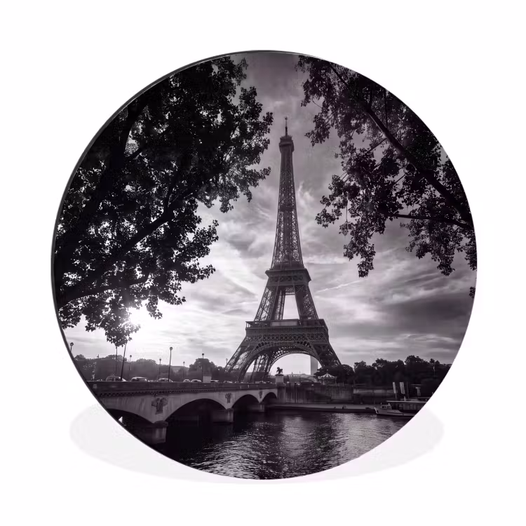 Eiffeltoren - Parijs - Rivier - Architectuur - Zwart-wit Wandcirkel aluminium klein -3d