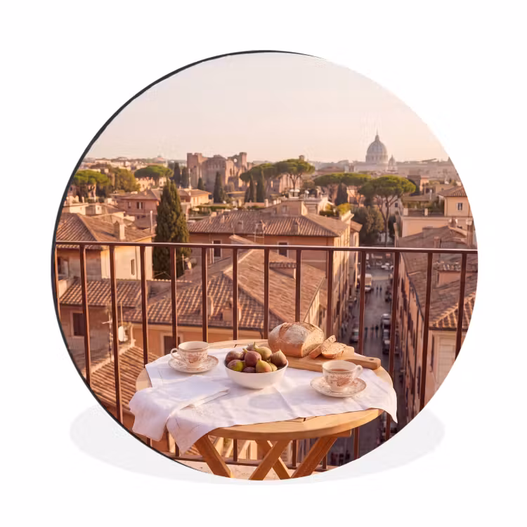 Eten - Ontbijt - Balkon - Stad - Zonsopgang Wandcirkel aluminium klein -3d