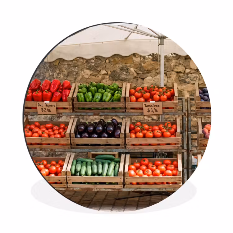 Alu-Dibond-Bild Rund - Essen – Markt – Frisch - Eten - Markt - Vers Wandcirkel aluminium klein