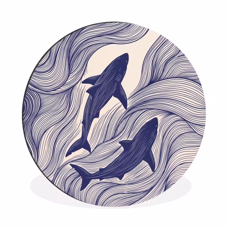 Vis - Oceaan - Lijntekening - Blauw - Dieren Wandcirkel aluminium klein -3d