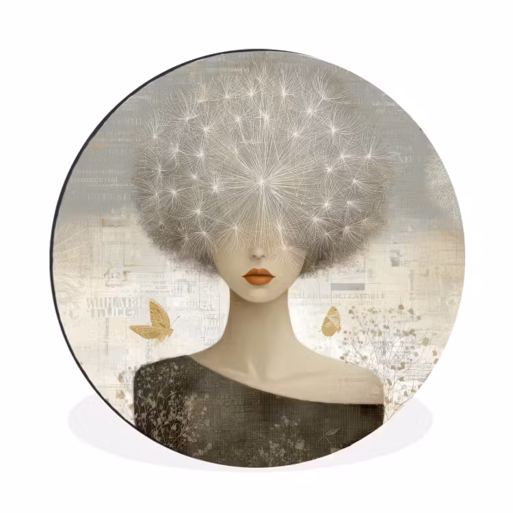 Pluis - Vrouw - Beige Wandcirkel aluminium klein -3d