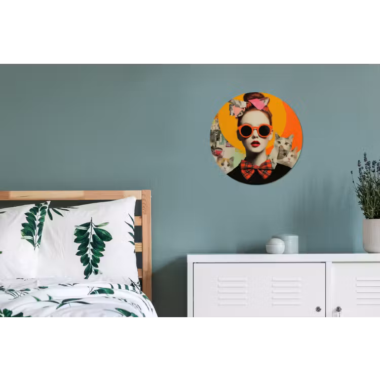 Vrouw - Bril - Strik - Retro Wandcirkel aluminium klein -slaapkamer