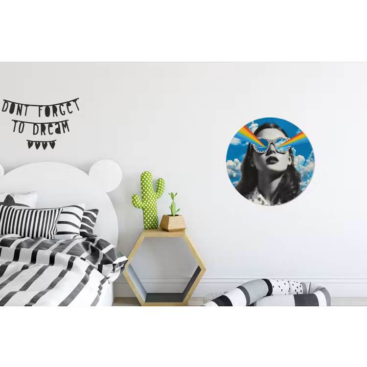Vrouw - Bril - Regenboog - Wolken Wandcirkel aluminium klein -kinderkamer
