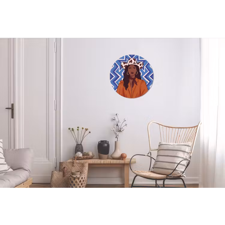 Vrouw - Cowboyhoed - Portret - Modern - Blauw Wandcirkel aluminium klein -woonkamer