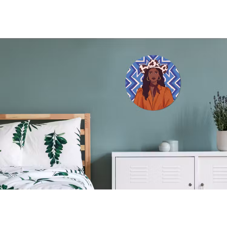 Vrouw - Cowboyhoed - Portret - Modern - Blauw Wandcirkel aluminium klein -slaapkamer