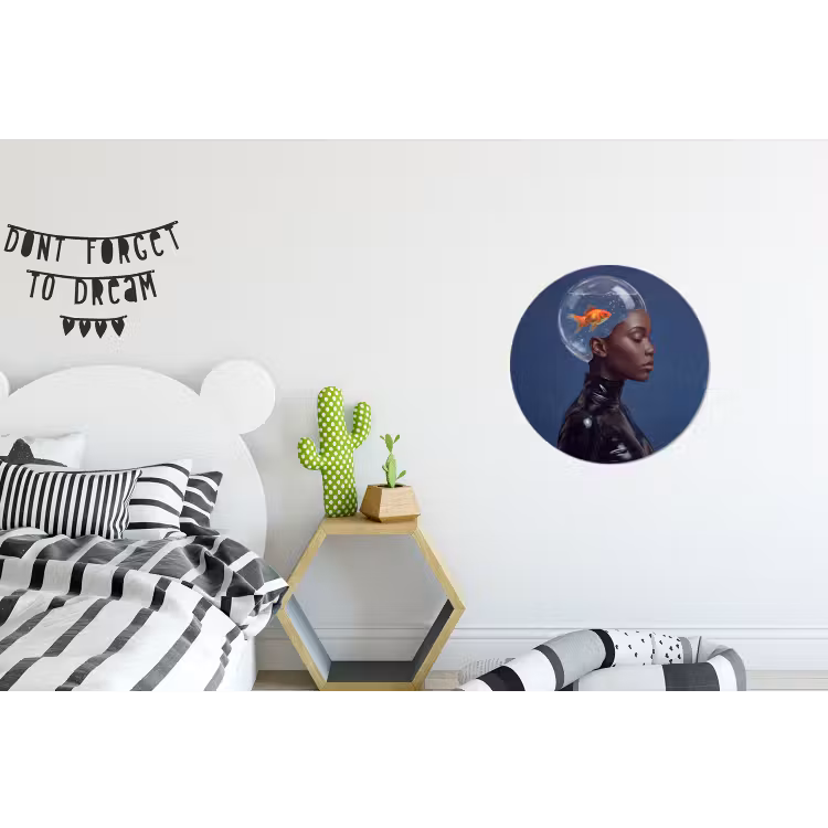 Vrouw - Goudvis - Hoofd - Abstract - Blauw Wandcirkel aluminium klein -kinderkamer