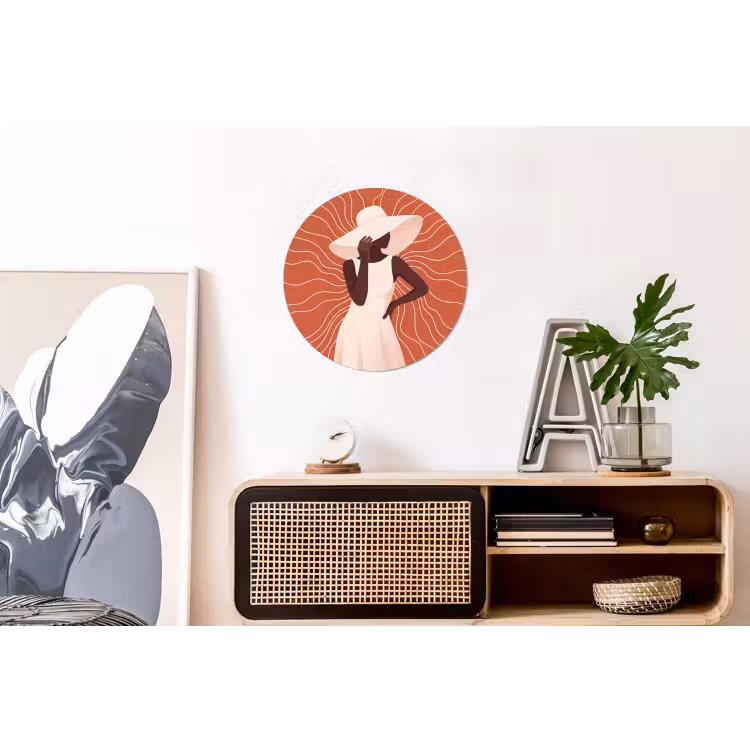 Vrouw - Hoed - Portret - Modern - Beige Wandcirkel aluminium klein -kantoor
