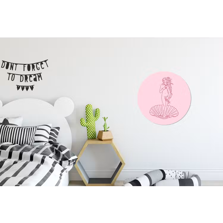 Vrouw - Schelp - Kunst - Lijntekening - Roze Wandcirkel aluminium klein -kinderkamer