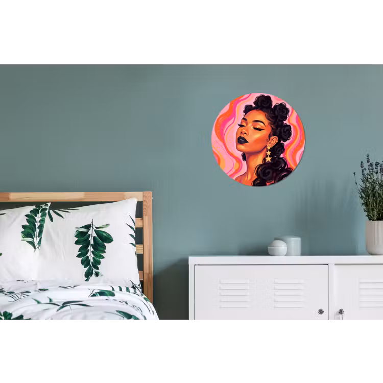 Vrouw - Portret - Abstract - Kleurrijk - Roze Wandcirkel aluminium klein -slaapkamer