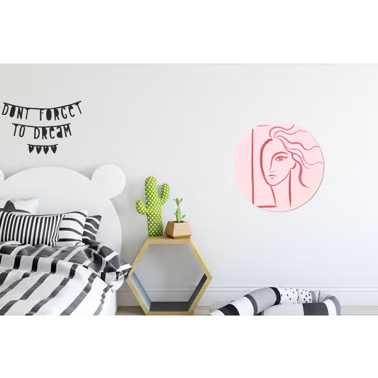 Vrouw - Portret - Abstract - Lijnkunst - Rood Wandcirkel aluminium klein -kinderkamer