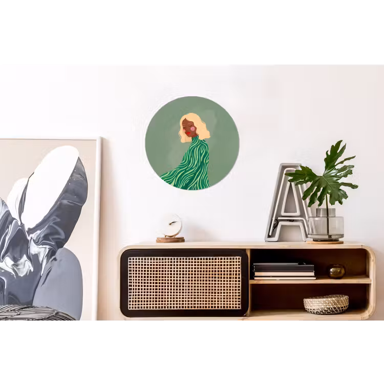 Vrouw - Portret - Illustratie - Modern - Groen Wandcirkel aluminium klein -kantoor