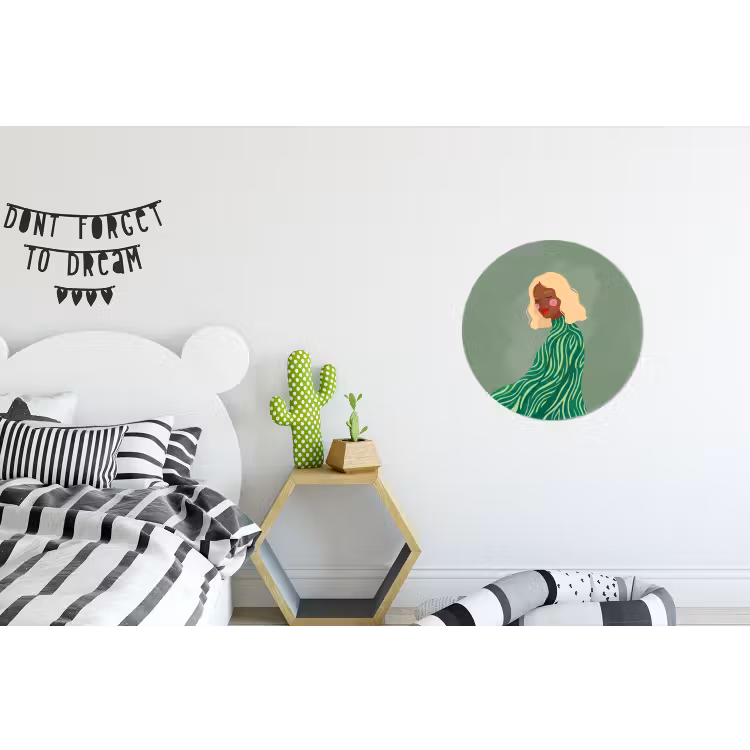 Vrouw - Portret - Illustratie - Modern - Groen Wandcirkel aluminium klein -kinderkamer