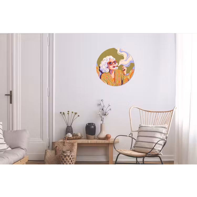 Vrouw - Zonnebril - Portret - Modern - Kleurrijk Wandcirkel aluminium klein -woonkamer
