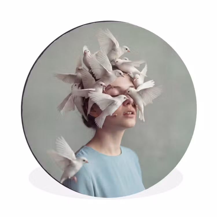 Vrouw - Vogels - Abstract - Modern - Wit Wandcirkel aluminium klein -3d