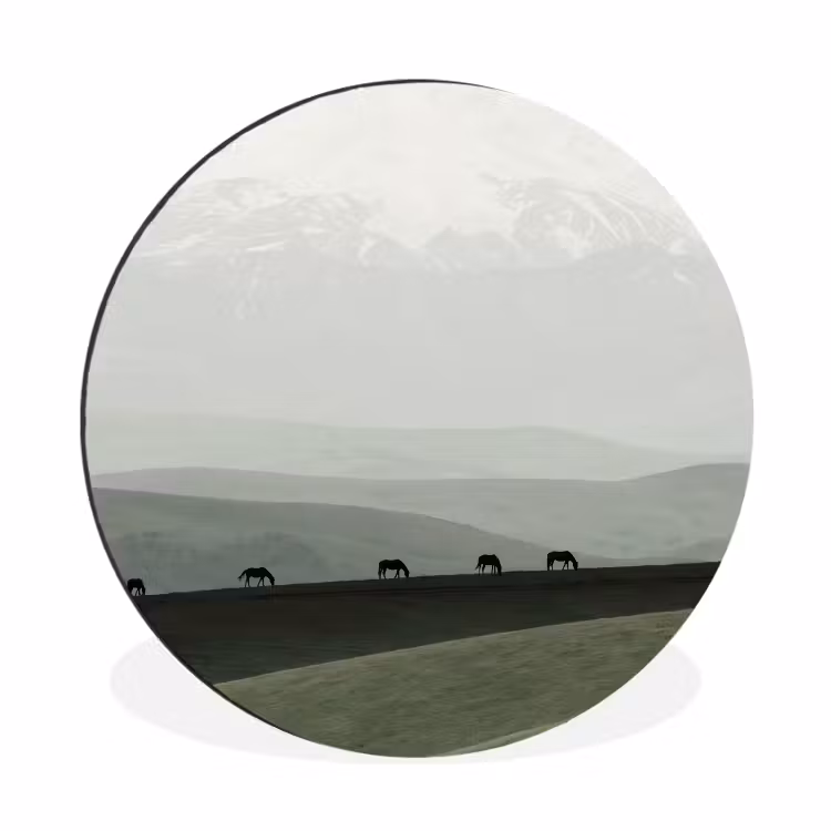 Grijs - Berg - Paarden Wandcirkel aluminium klein -3d