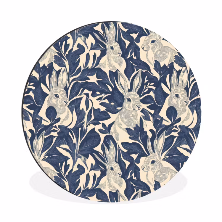 Hazen - Bladeren - Patroon - Blauw - Beige Wandcirkel aluminium klein 190 -3d