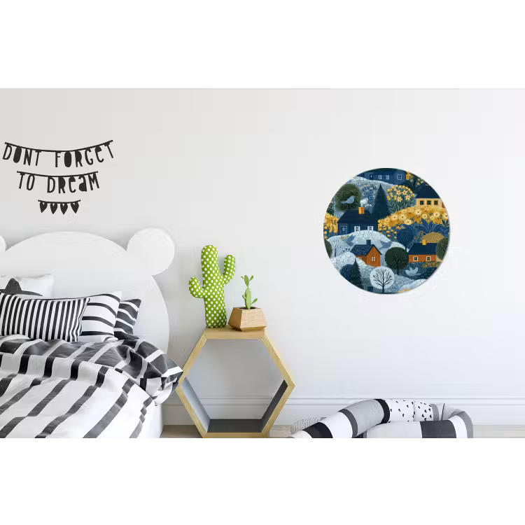 Huisjes - Bloemen - Patroon - Geel - Blauw Wandcirkel aluminium klein 190 -kinderkamer