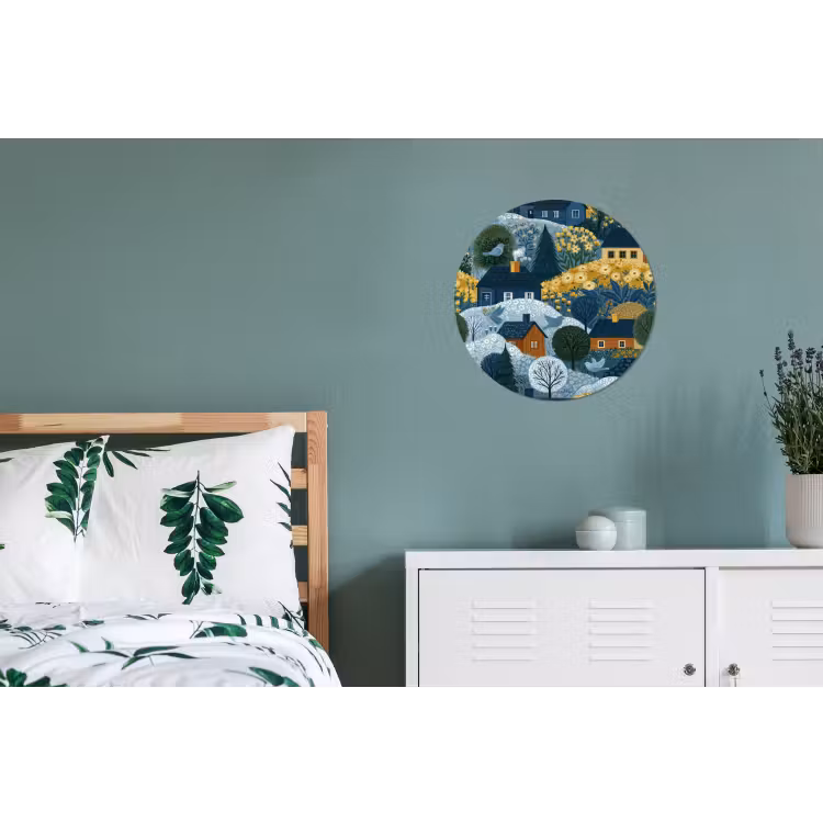 Huisjes - Bloemen - Patroon - Geel - Blauw Wandcirkel aluminium klein 190 -slaapkamer