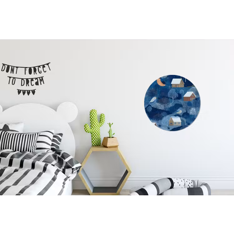 Huisjes - Vogels - Sneeuw - Winter - Blauw Wandcirkel aluminium klein 190 -kinderkamer