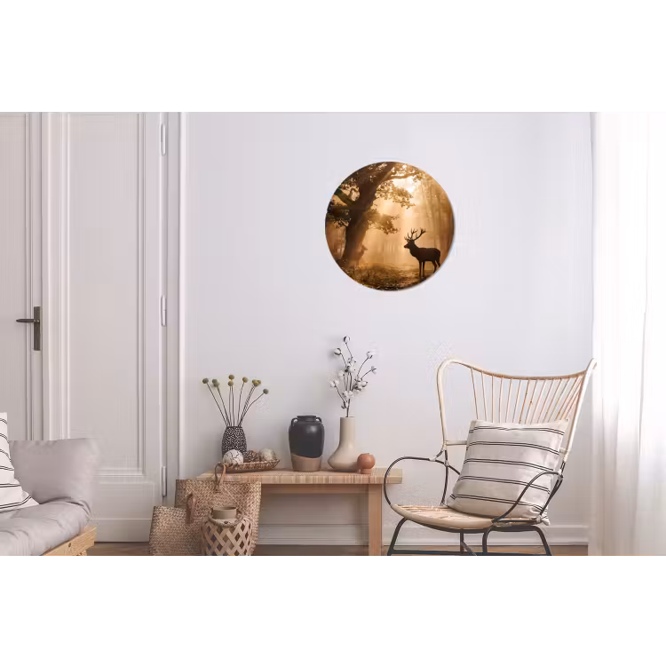 Hert - Bos - Mistig - Natuur - Goud Wandcirkel aluminium klein -woonkamer