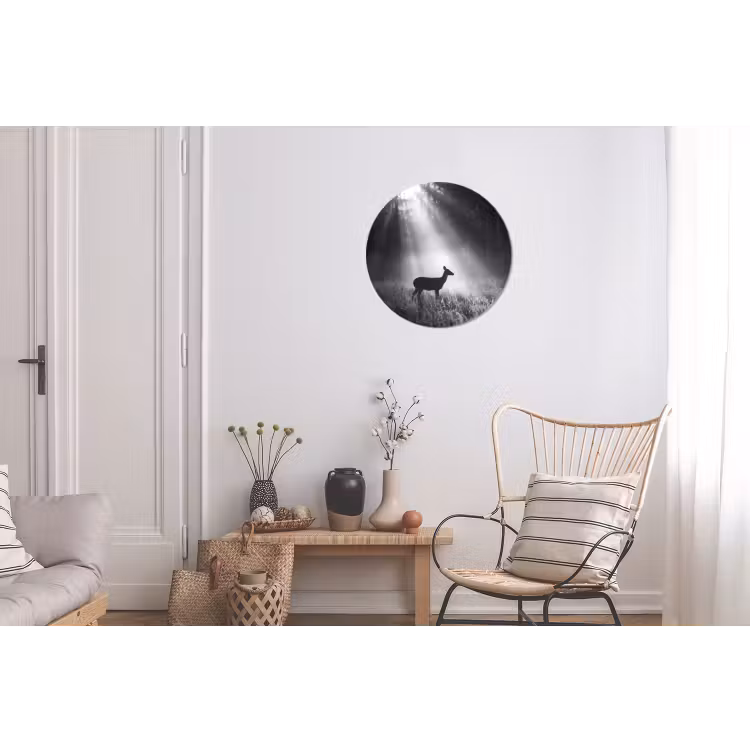 Hert - Bos - Zonnestralen - Zwart-wit - Natuur Wandcirkel aluminium klein -woonkamer