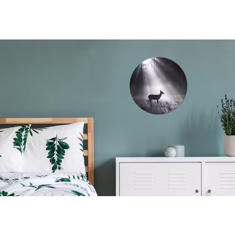 Hert - Bos - Zonnestralen - Zwart-wit - Natuur Wandcirkel aluminium klein -slaapkamer