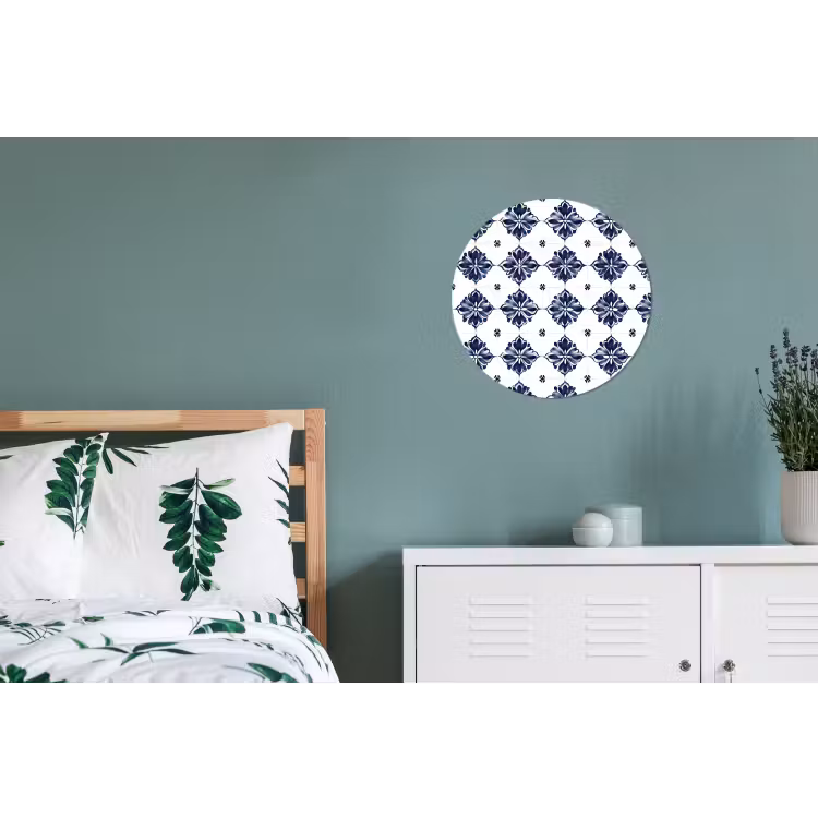 Tegelmotief - Blauw - Wit - Bloem Wandcirkel aluminium klein 190 -slaapkamer