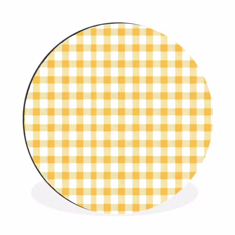 Ruit - Gingham - Klassiek - Geel en Wit Wandcirkel aluminium klein 190 -3d