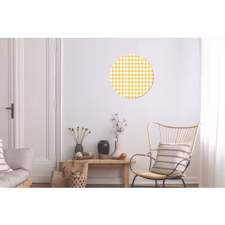 Ruit - Gingham - Klassiek - Geel en Wit Wandcirkel aluminium klein 190 -woonkamer