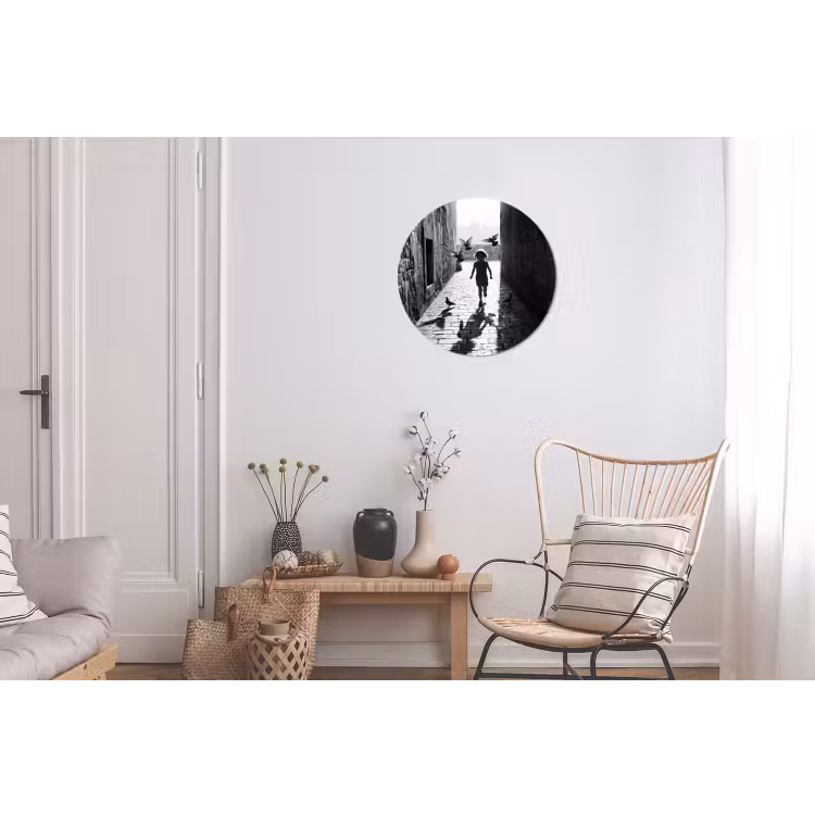 Kind - Vogel - Straat - Zwart-wit - Spelen Wandcirkel aluminium klein -woonkamer
