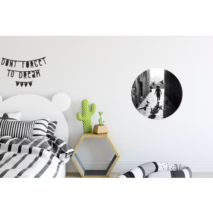 Kind - Vogel - Straat - Zwart-wit - Spelen Wandcirkel aluminium klein -kinderkamer