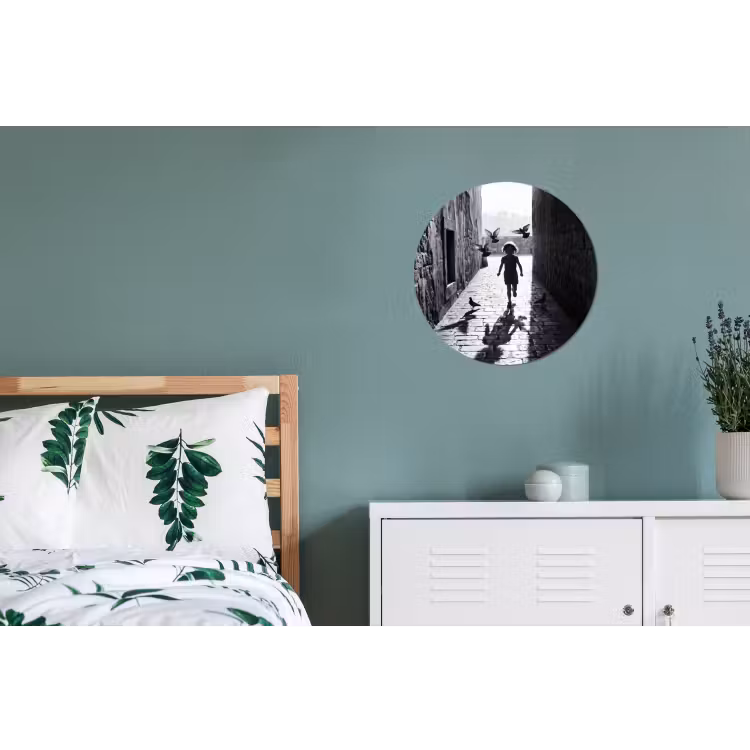 Kind - Vogel - Straat - Zwart-wit - Spelen Wandcirkel aluminium klein -slaapkamer