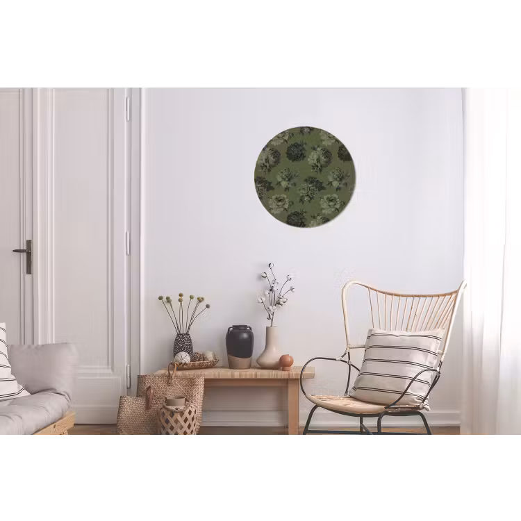 Klassiek - botanisch - olijfgroen - bloemen Wandcirkel aluminium klein 190 -woonkamer