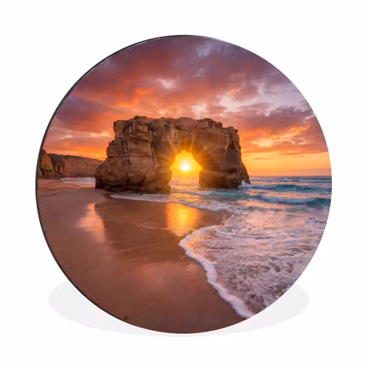 Kust - Rots - Zonsondergang - Zee - Natuur Wandcirkel aluminium klein -3d