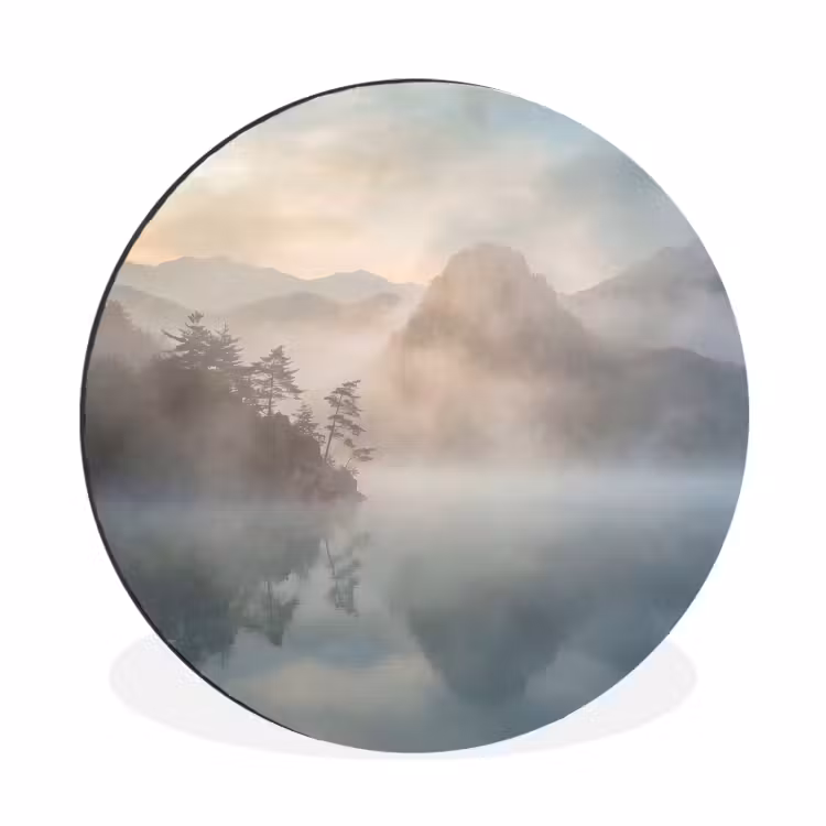 Landschap - Bergen - Mist - Water - Natuur Wandcirkel aluminium klein -3d