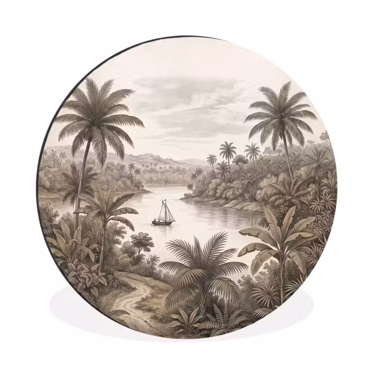 Landschap - Rivier - Boot - Tropisch - Vintage Wandcirkel aluminium klein -3d