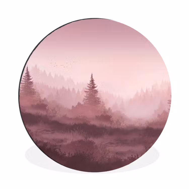 Landschap - Mistig - Roze Wandcirkel aluminium klein -3d