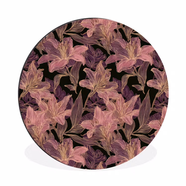 Lelies - Patroon - Paars - Goud Wandcirkel aluminium klein 190 -3d