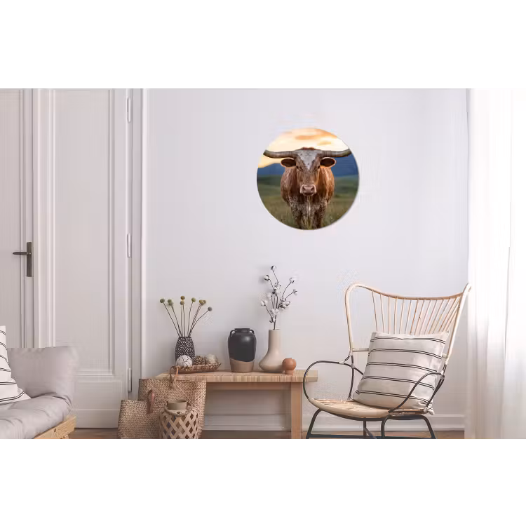 Longhorn - Landschap - Zonsondergang Wandcirkel aluminium klein -woonkamer