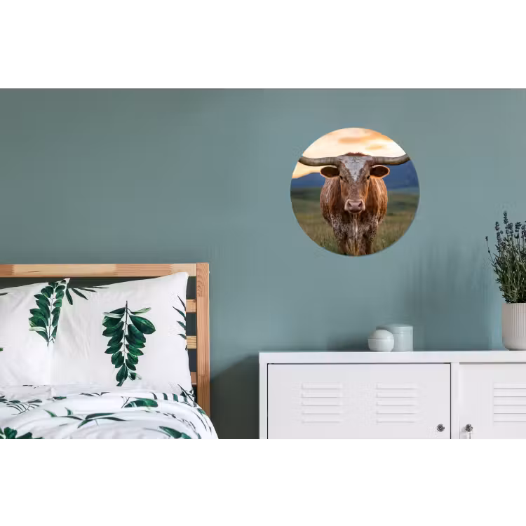 Longhorn - Landschap - Zonsondergang Wandcirkel aluminium klein -slaapkamer