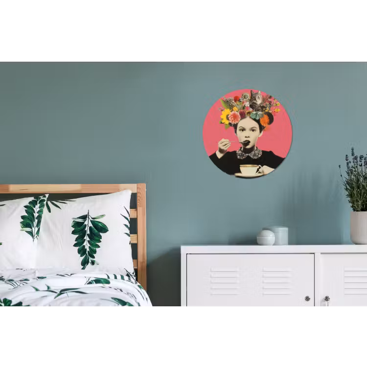 Meisje - Kopje - Bloemen - Roze Wandcirkel aluminium klein -slaapkamer