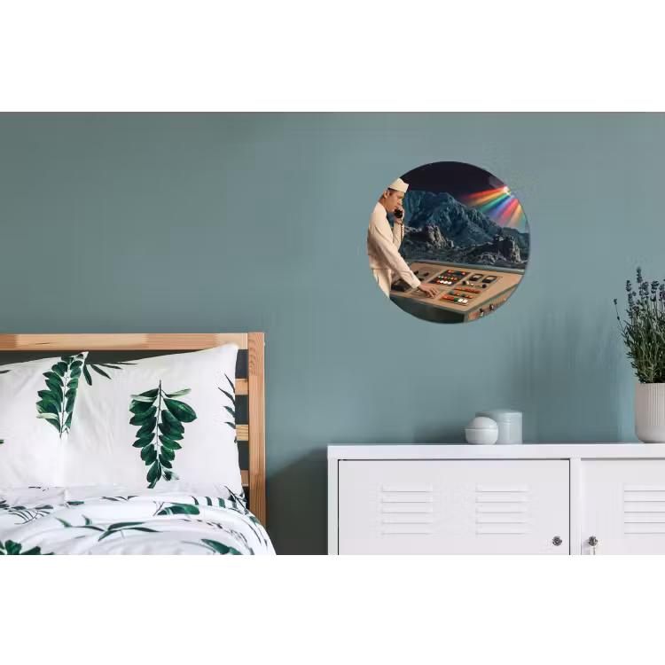 Alu-Dibond-Bild Rund - Mann – Kontrollraum – Strand - Man - Controlekamer - Strand Wandcirkel aluminium klein