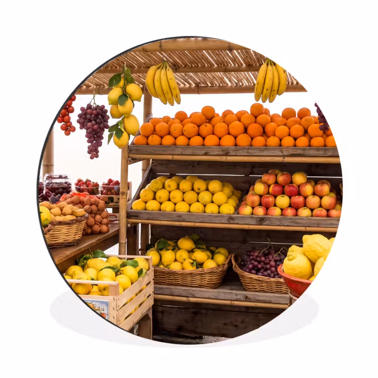 Alu-Dibond-Bild Rund - Marktstand – Obst – Frisch - Marktkraam - Fruit - Vers Wandcirkel aluminium klein