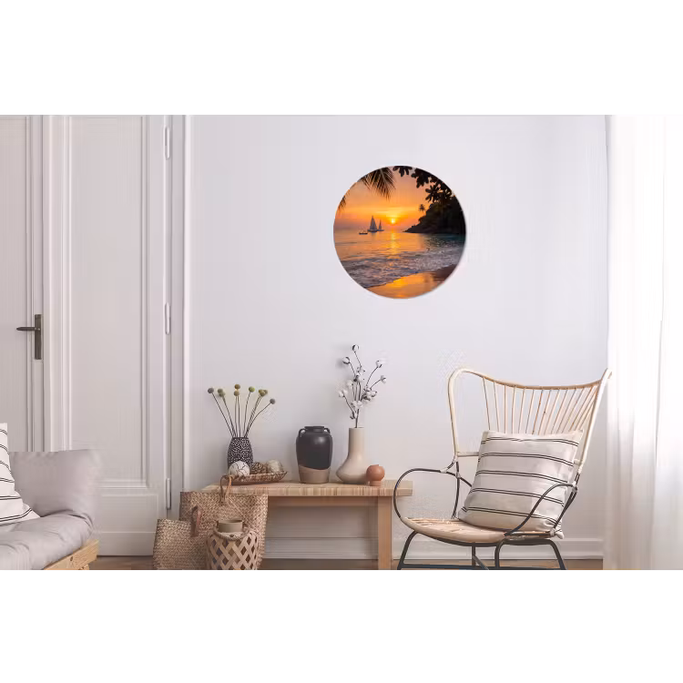 Zee - Zonsondergang - Boot - Natuur - Oranje Wandcirkel aluminium klein -woonkamer