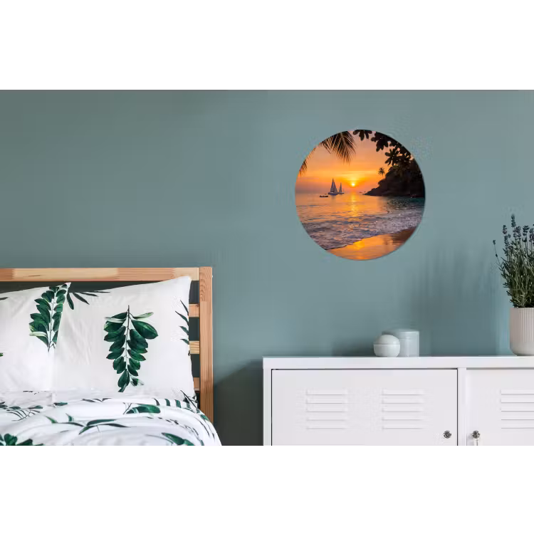 Zee - Zonsondergang - Boot - Natuur - Oranje Wandcirkel aluminium klein -slaapkamer