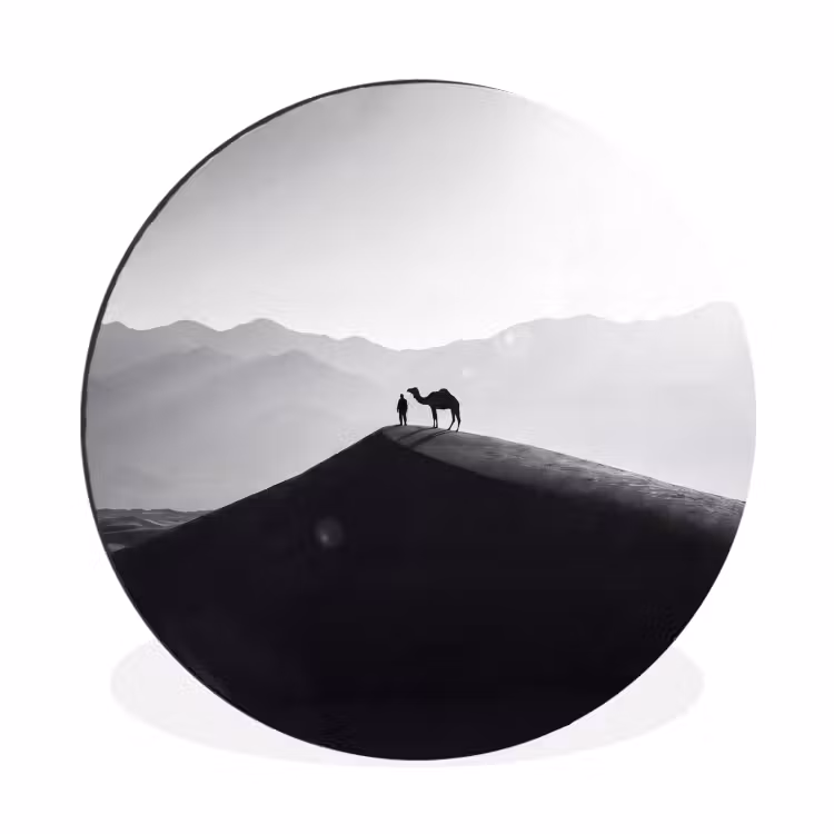 Mens - Kameel - Zandduin - Natuur - Monochroom Wandcirkel aluminium klein -3d