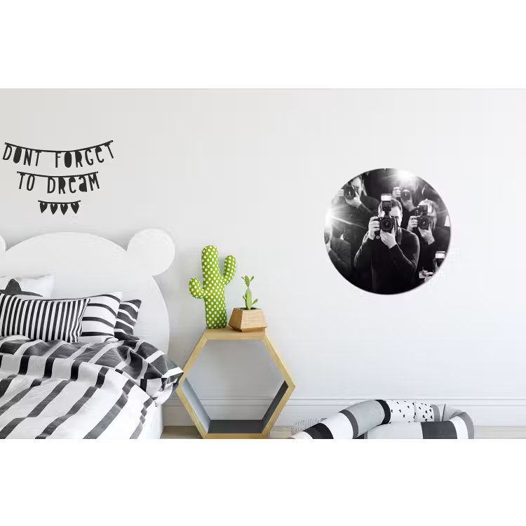 Mensen - Camera - Flitslicht - Zwart-wit - Media Wandcirkel aluminium klein -kinderkamer