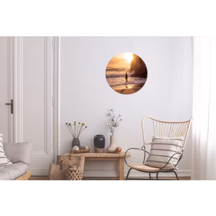 Mensen - Oceaan - Zonsondergang - Kust - Goud Wandcirkel aluminium klein -woonkamer